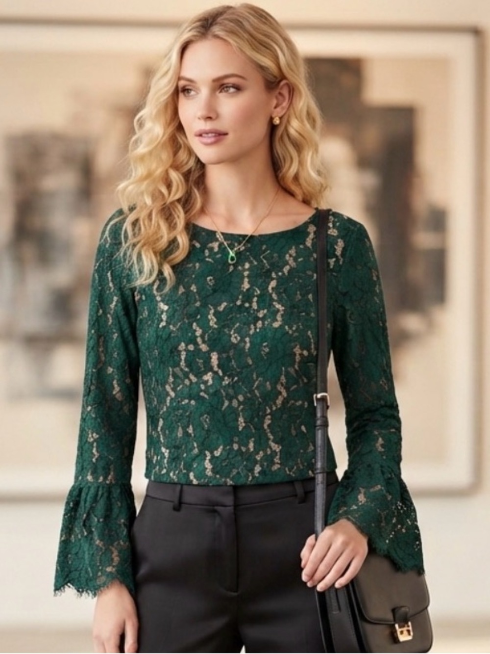 Rose & Olive Dark Green Lace Bell-Sleeve Top